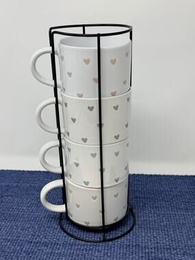 Dayna Lee Hearts Mug • White with Light Green/Gray Hearts • 8 oz Stacked Set 4